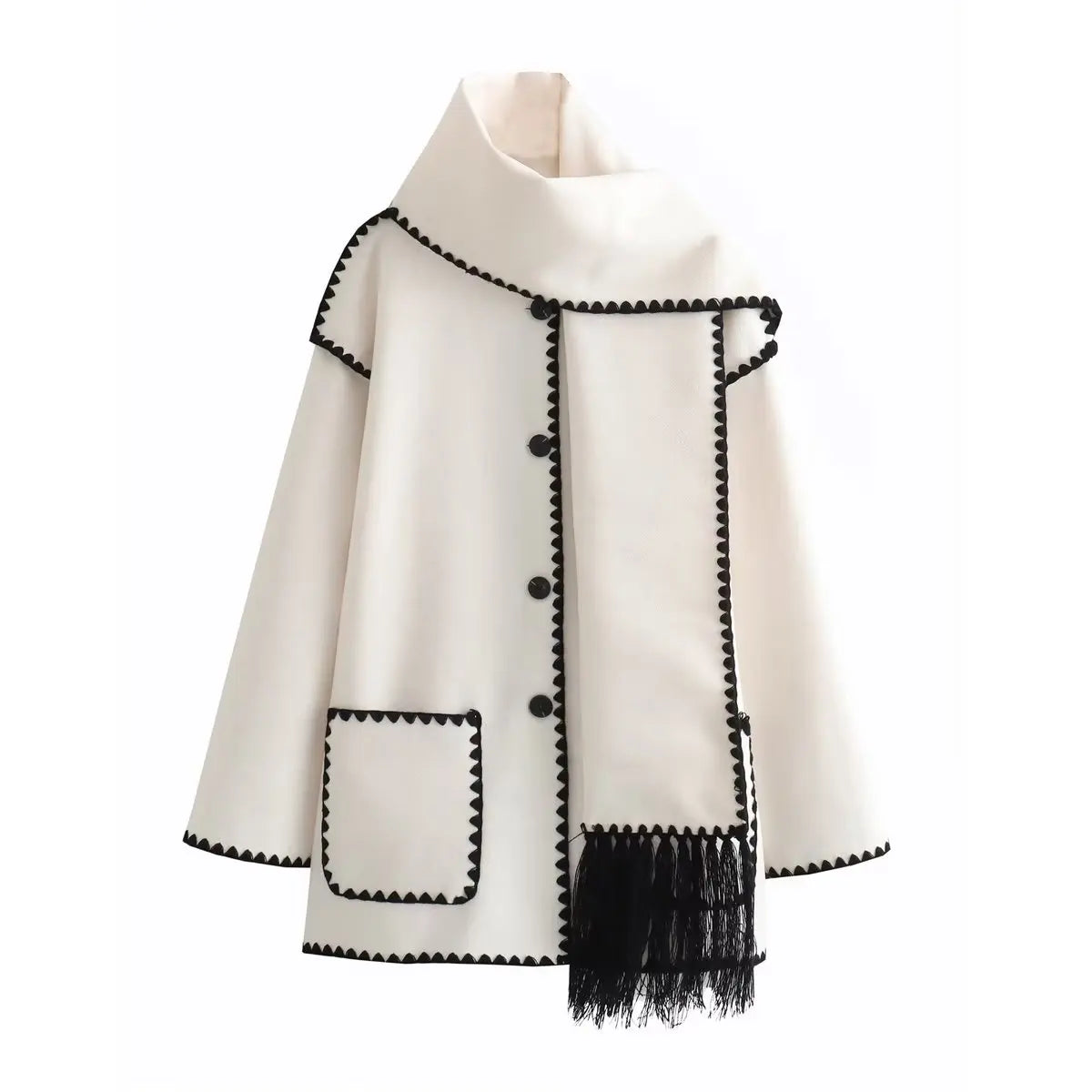 Calorin Manteau Français En Laine Mélangée Chaud Avec Écharpe Intégrée Et Surpiqûres Contrastées