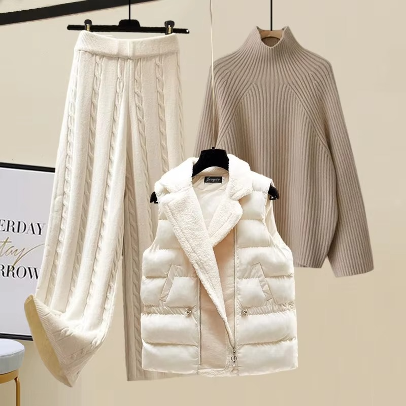 Ensemble Tricot Trois Pièces Pour Femme Avec Veste Col Roulé Pull Et Pantalon À Jambes Larges