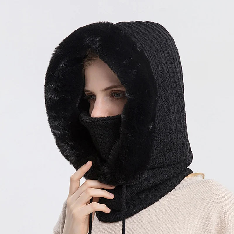 Aurora Cagoule Tricot Câblé Avec Bordure En Fausse Fourrure Et Cordon De Serrage Pour Femmes Hiver