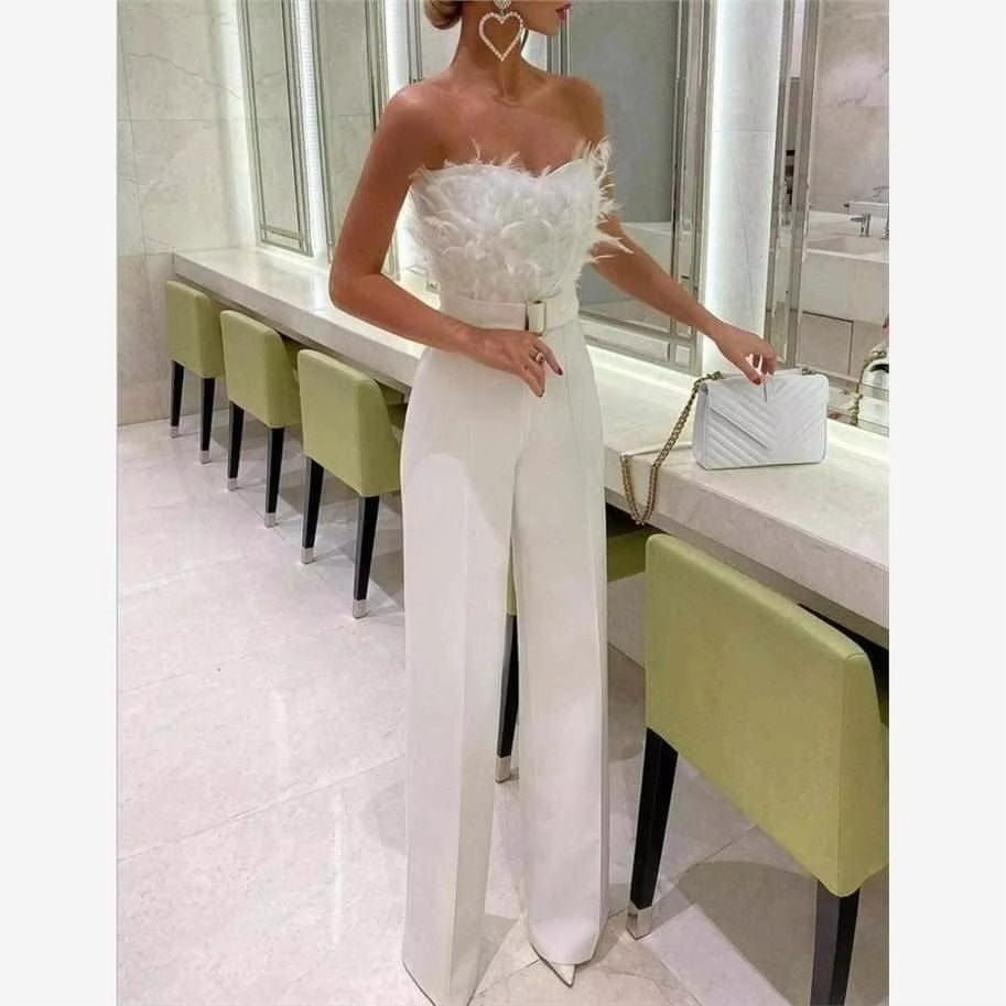 Combinaison Sexy en Plumes à Épaules Dénudées Taille Cintrée et Jambes Larges Ornée de Diamants