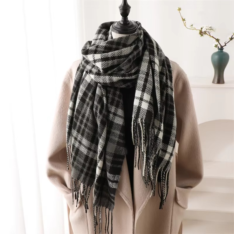 Écharpe Plaid Cachemire Pour Femme Hiver Chaude Foulard Pashmina Avec Franges