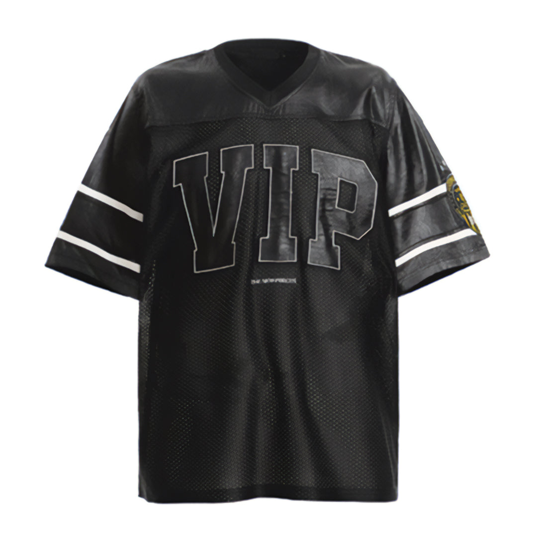 Maillot En Cuir Végétalien Red Zone Avec Maille Respirante Patch VIP Brodé Et Manches Rayées