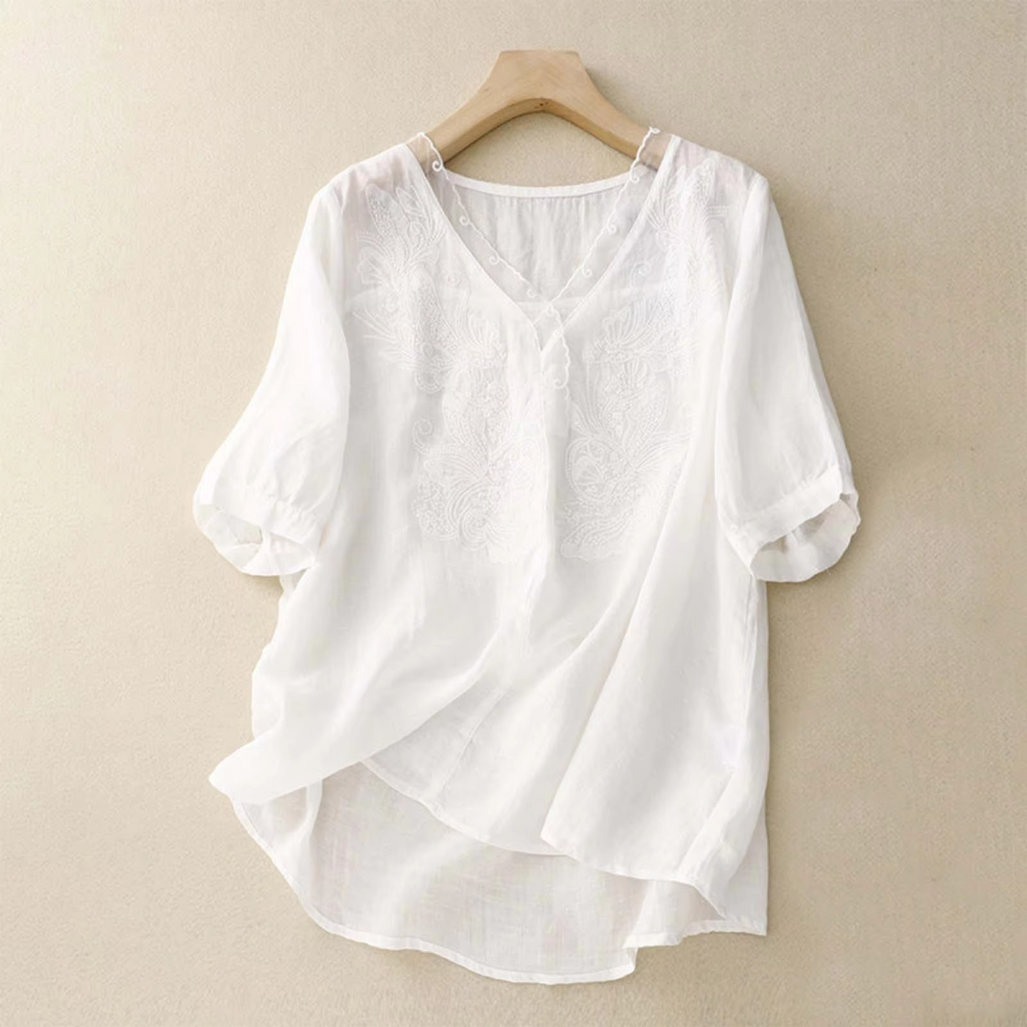 Blouse Vintage En Coton Lin Encolure V Manches Courtes Pour Femme Confortable Et Respirante Été