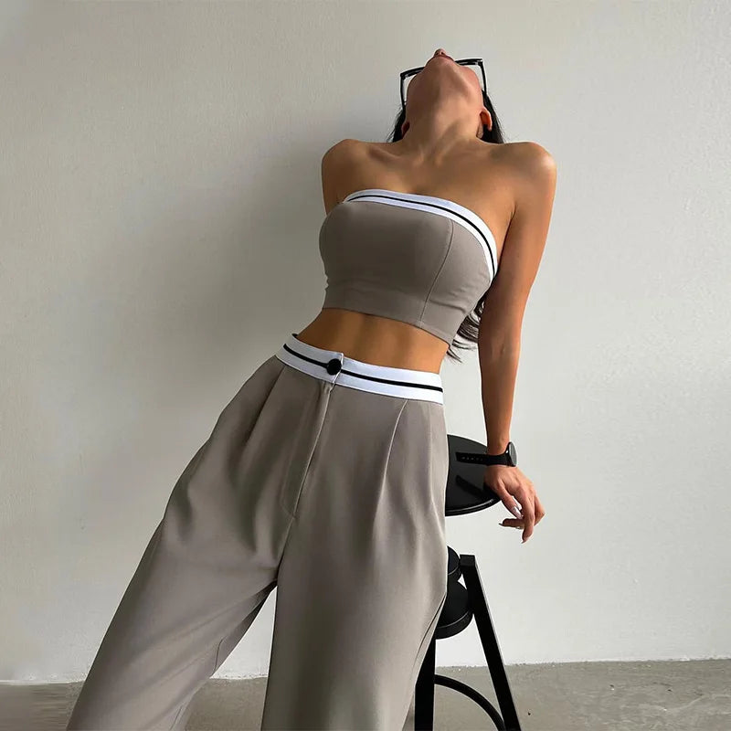 Amoise Ensemble Deux Pièces Bandeau Sculpté Et Pantalon Large Drapé Tissu Léger Respirant