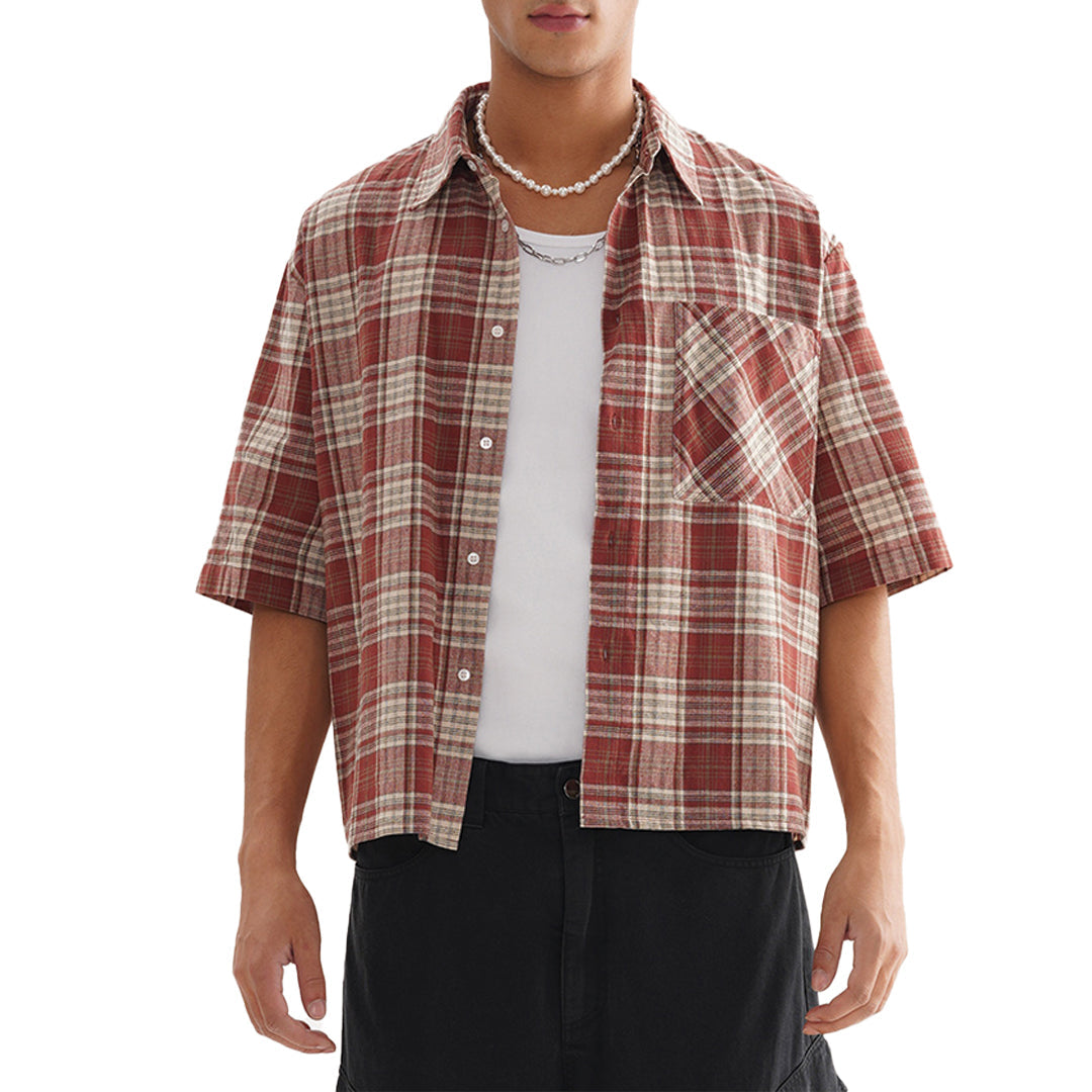 Canyon Plaid Chemise À Manches Courtes En Coton Doux À Carreaux Vintage Moderne Poche Oversize