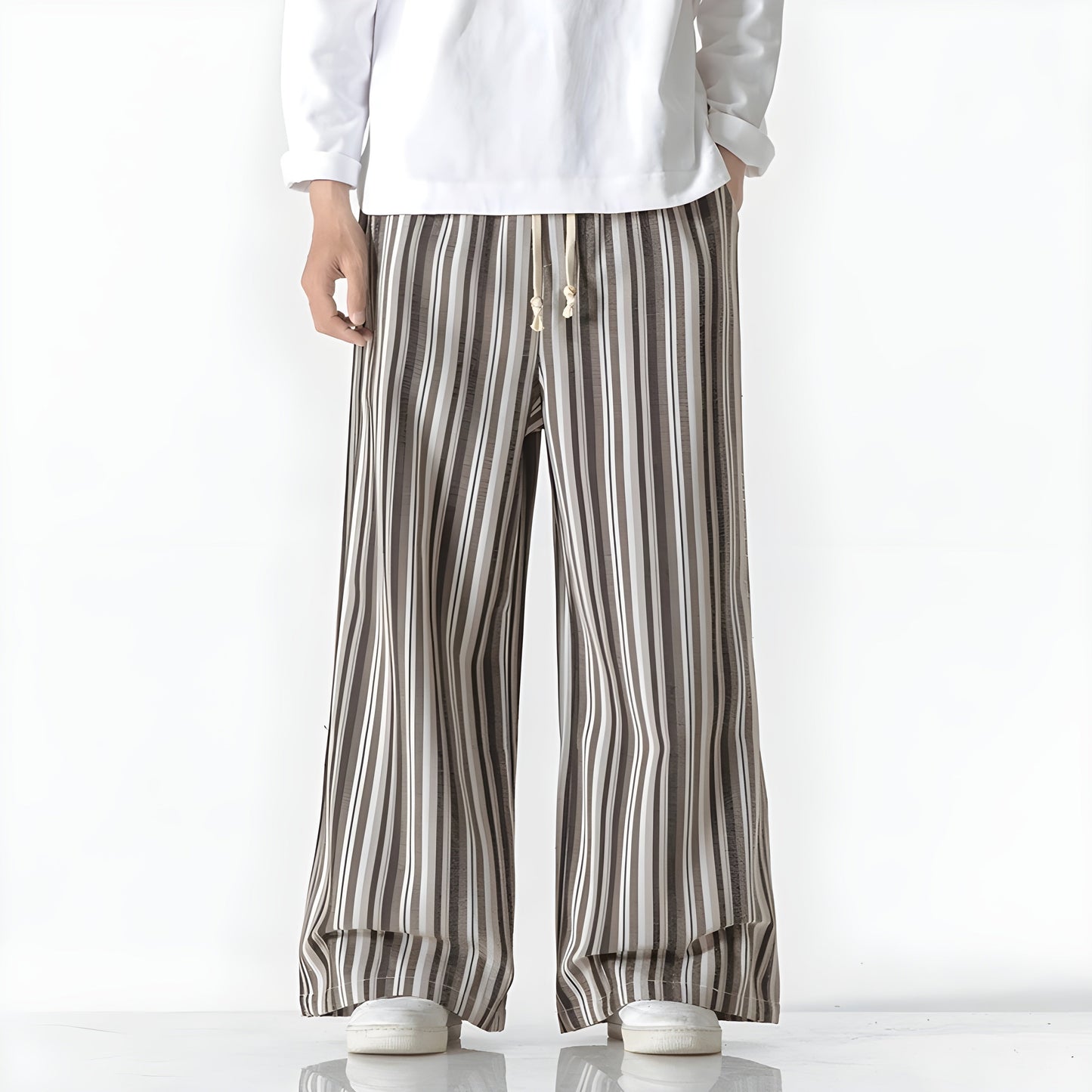 Pantalon Osaka En Coton Coupe Large Ample Rayures Alternées Avec Taille Élastique