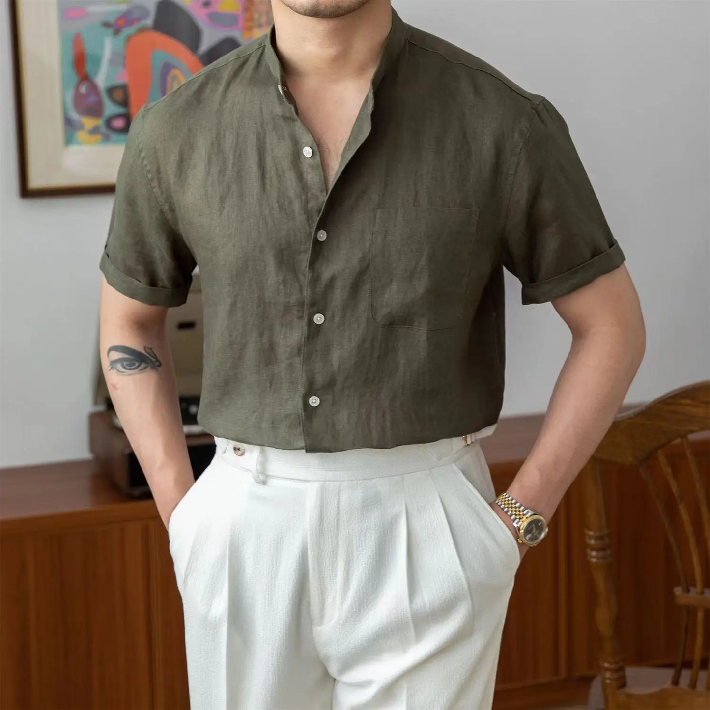 Chemise Homme En Lin Col Mandarin Coupe Décontractée Manches Longues Boutons Amawinc