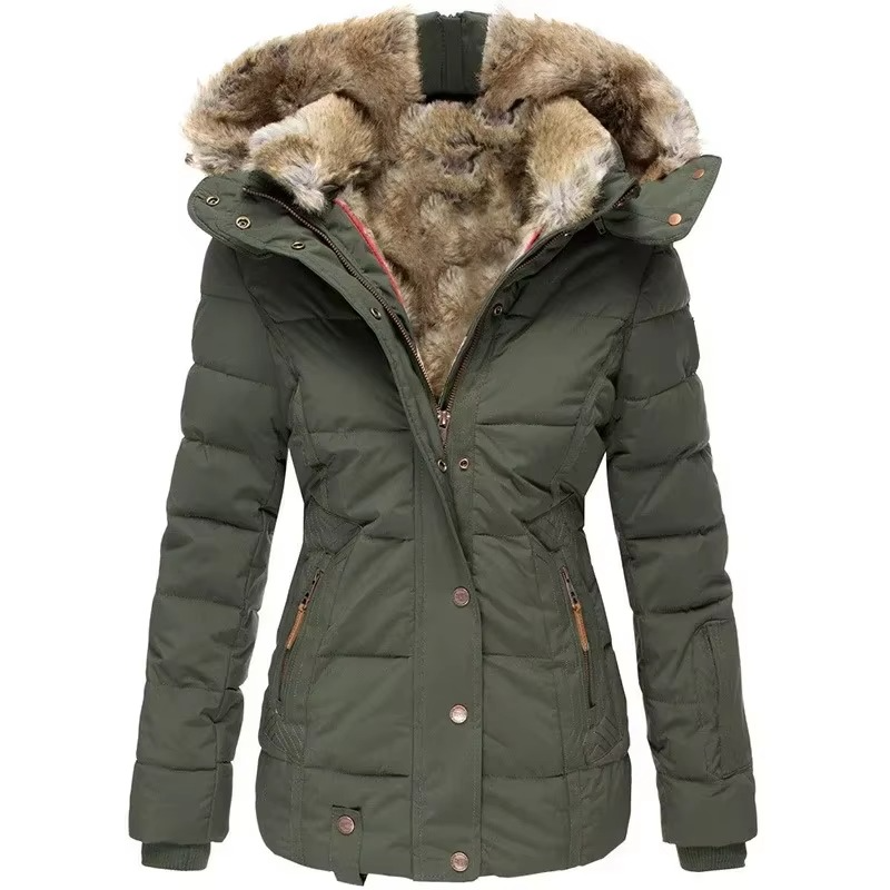 Manteau Femme En Coton À Capuche Coupe Slim Avec Col En Laine Pour Un Style Chic Et Chaud