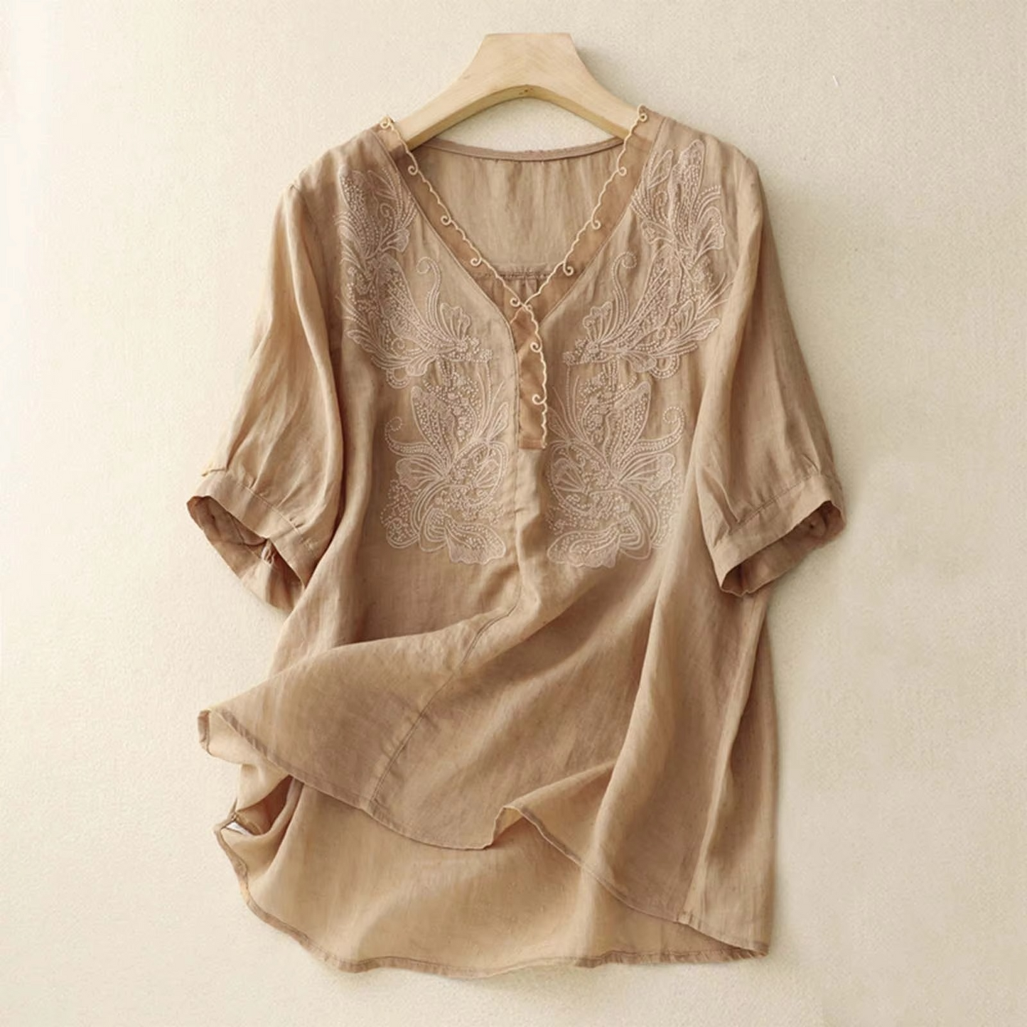 Blouse Vintage En Coton Lin Encolure V Manches Courtes Pour Femme Confortable Et Respirante Été