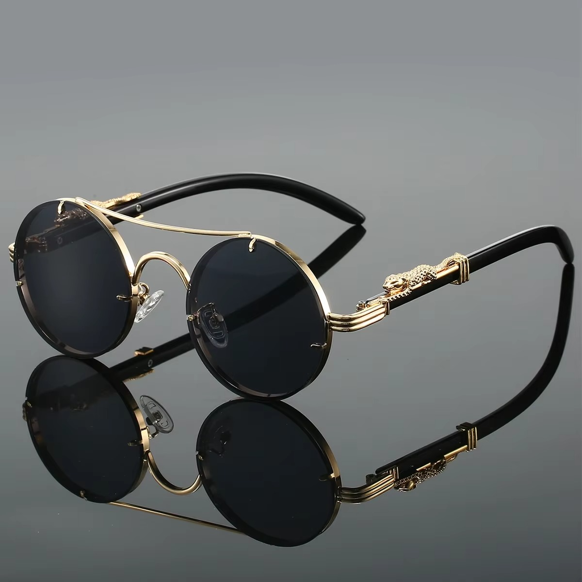 Lunettes De Soleil Rondes Vintage Avec Double Pont Unisexe Cadre Or Et Lentilles Rouges Amawinc