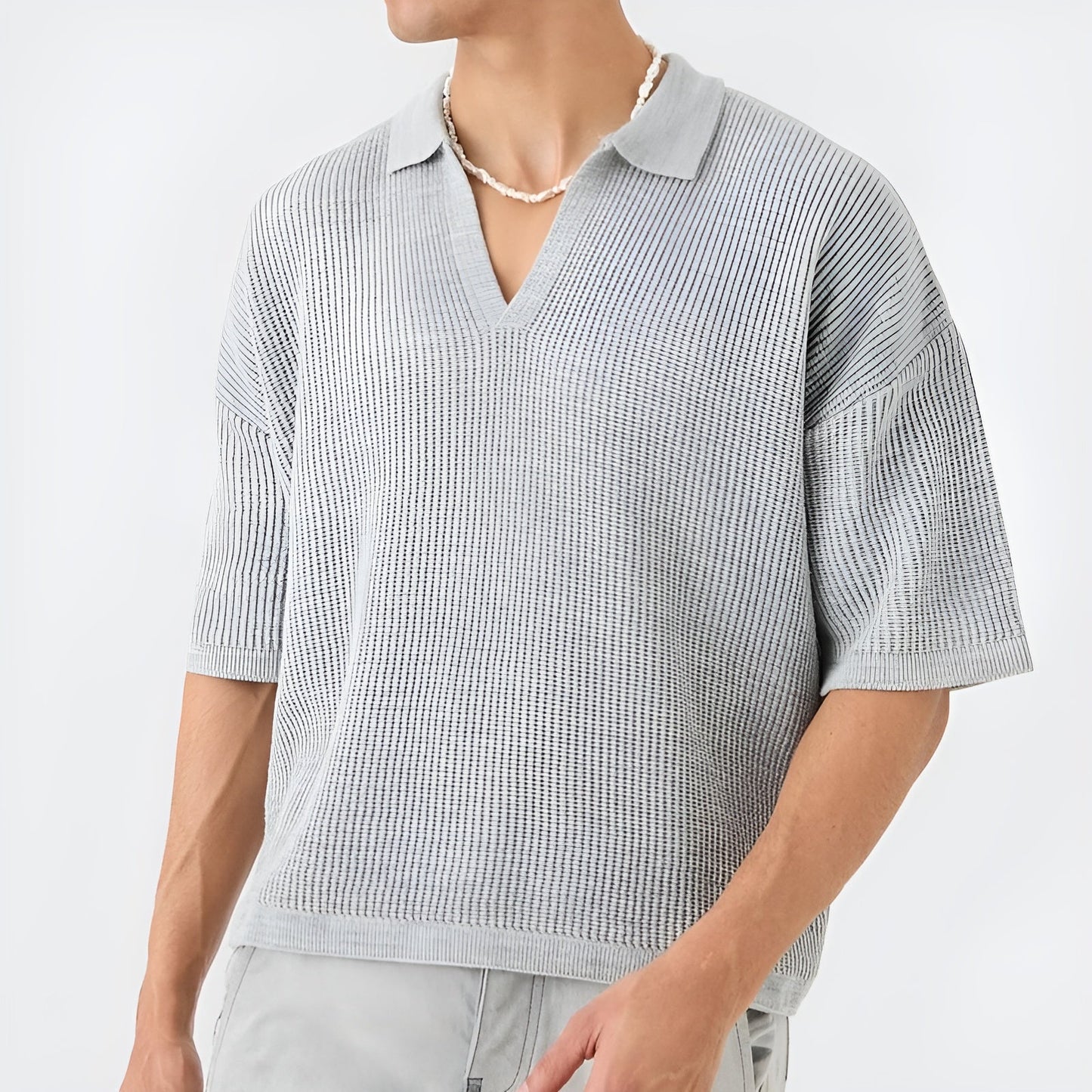 Polo Tricot Oversize Nid D'Abeille Col En V Plat Manches Courtes Look Décontracté Lavable En Machine