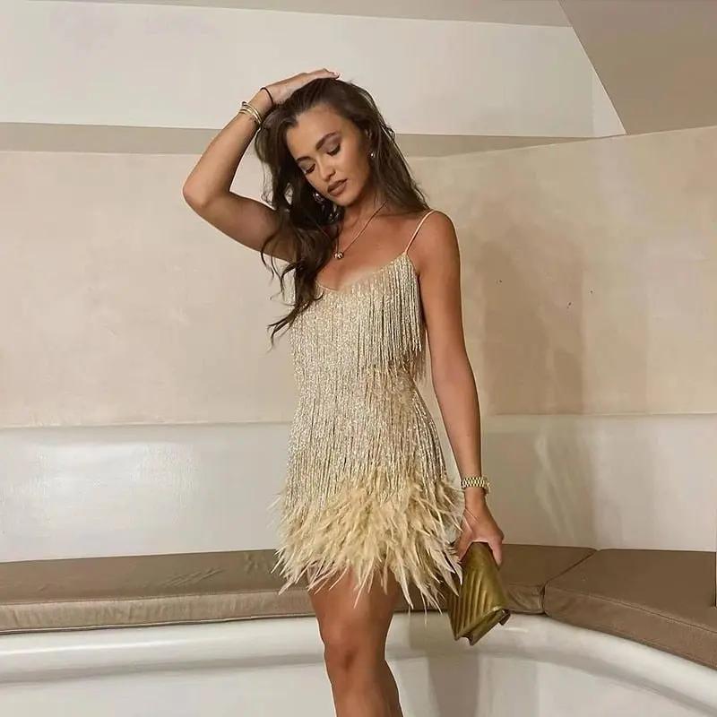 Robe Mini Séquins Pour Femme Éblouissante Pour Soirées Élégantes Avec Plumes Luxueuse