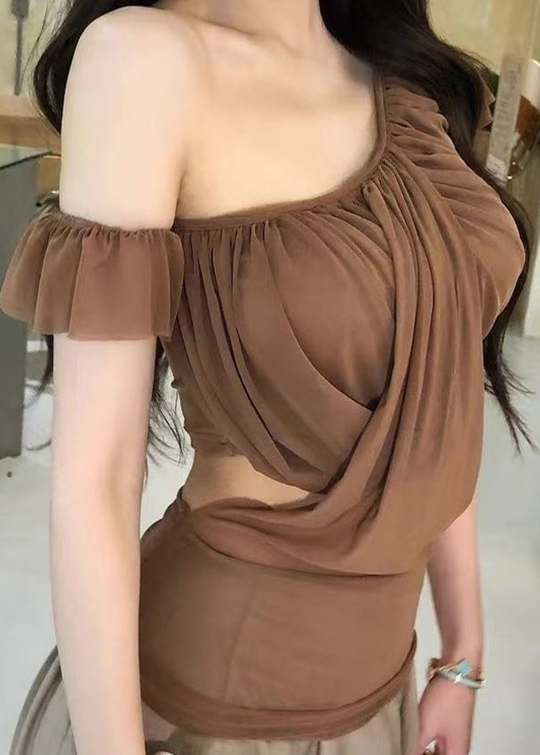 Haut asymétrique en tulle marron sexy à épaules dénudées pour l'été - Amawinc
