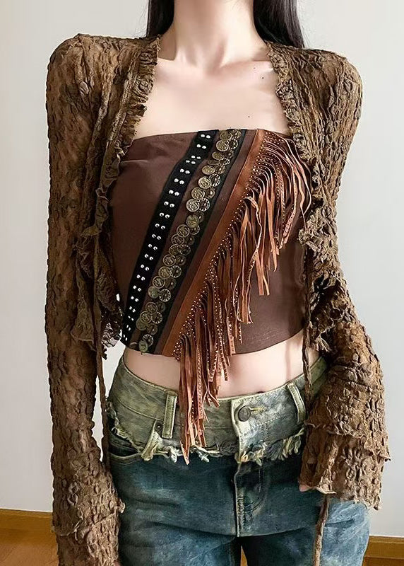 Ensemble deux pièces sexy marron avec cardigans à lacets ajourés et débardeur à pompons, printemps - Amawinc