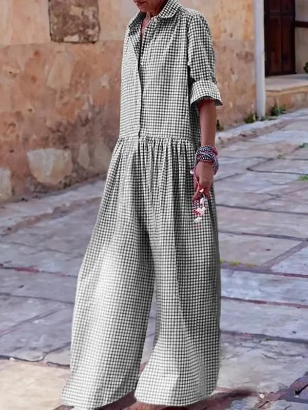 Combinaison Femme À Carreaux À Pantalon Large Avec Revers Élégante Et Confortable