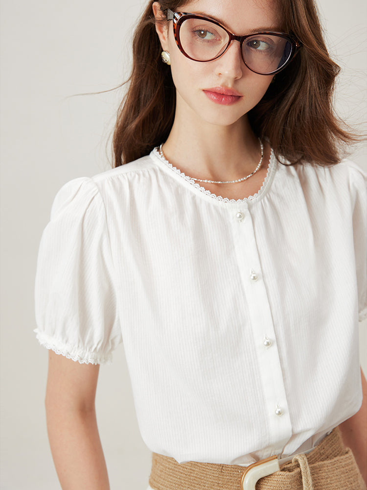 Blouse en Coton Twill Amélie Violette Charme Vintage Col Côtelé et Manches Côtelées Perles Blanches