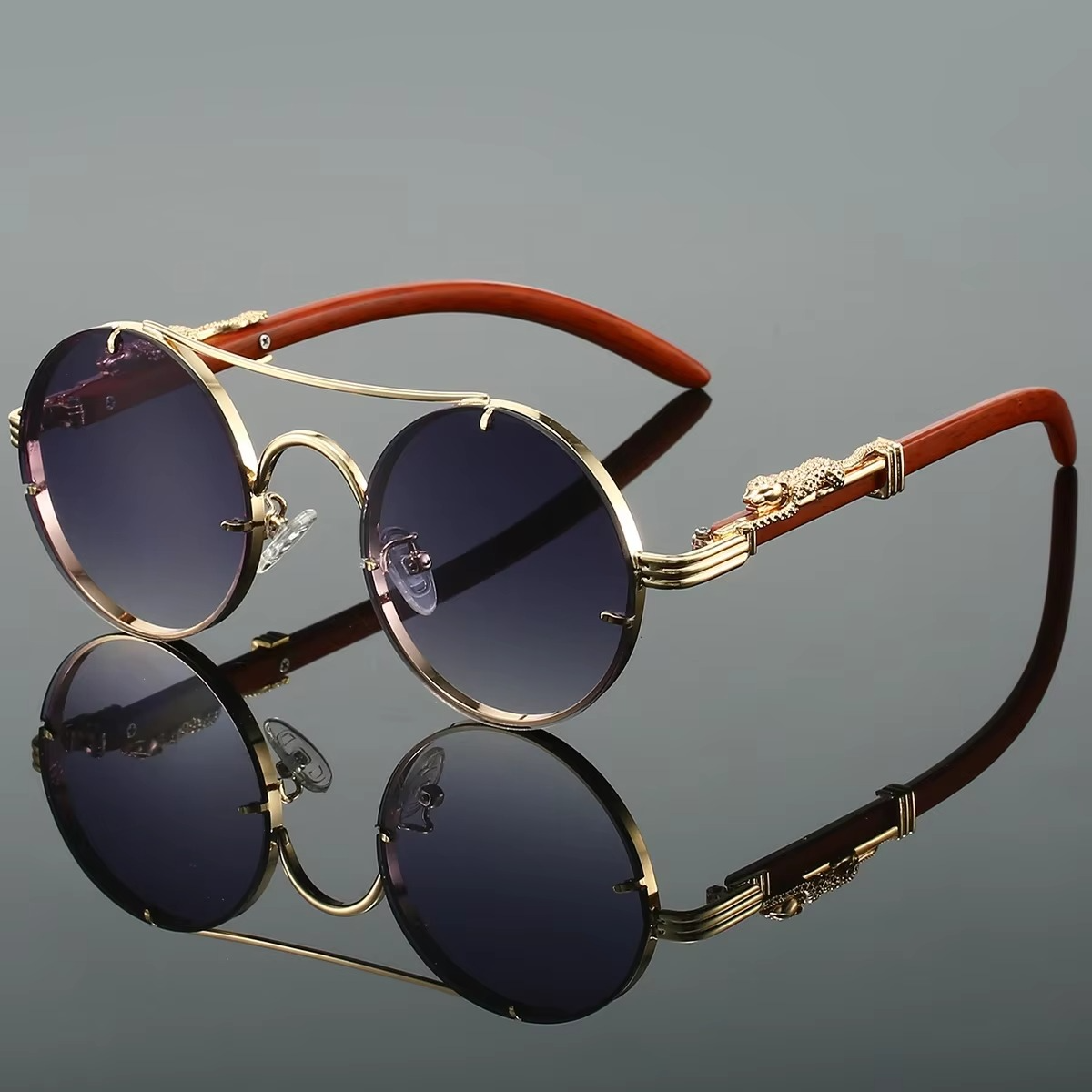 Lunettes De Soleil Rondes Vintage Avec Double Pont Unisexe Cadre Or Et Lentilles Rouges Amawinc