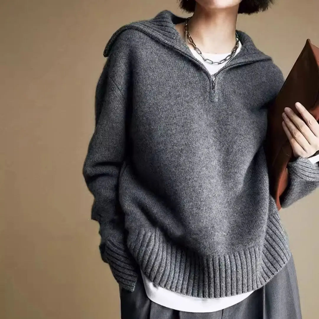 Pull En Laine Vittoria Luxe Coupe Ample Col Montant Zip Demi Pour Femme Ambiance Chic