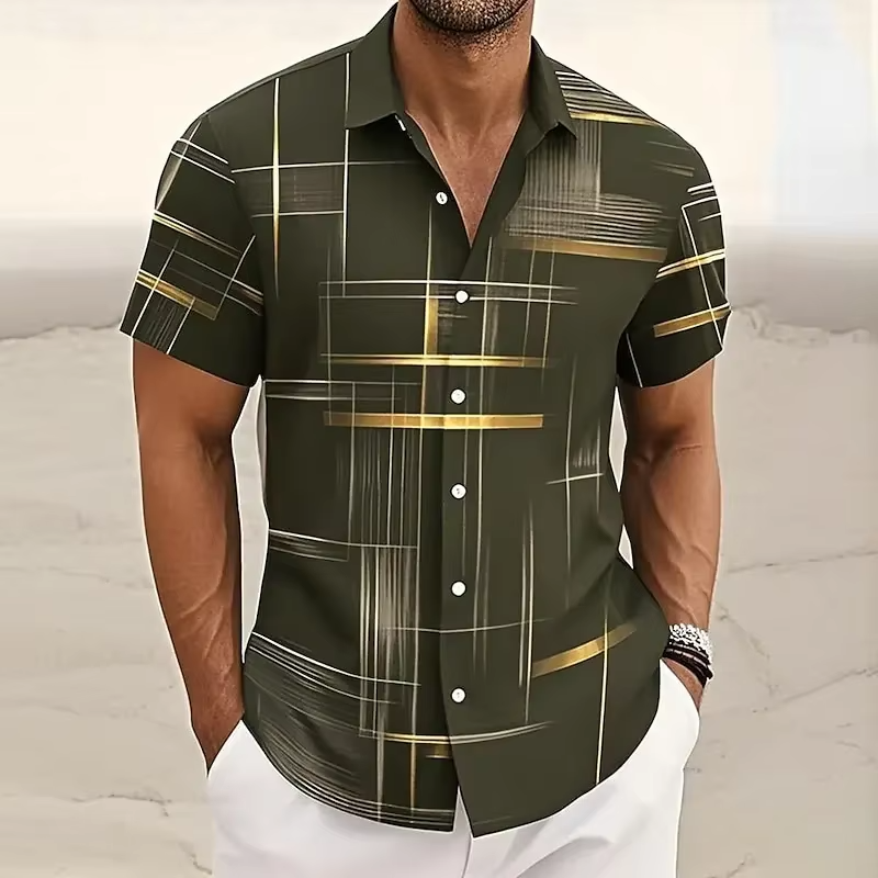 Chemise Homme Manches Courtes À Carreaux Géométriques 3D Boutonnée Pour Style Décontracté Moderne Amawinc
