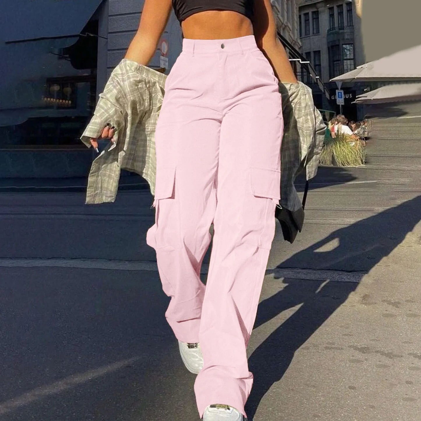 Kate Pantalon Cargo Femme Taille Haute À Jambe Évasée Avec Poches Cargo Pratiques