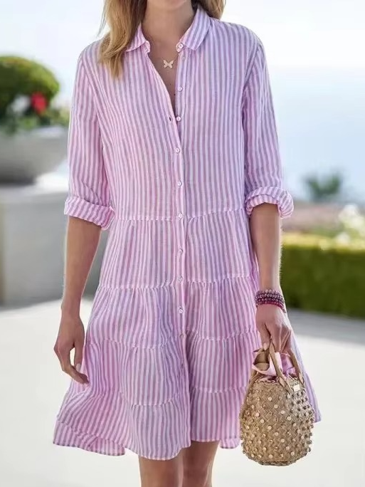 Robe Chemise Oversize Rayée Printanière Pour Femmes Avec Col Revers Et Manches Longues