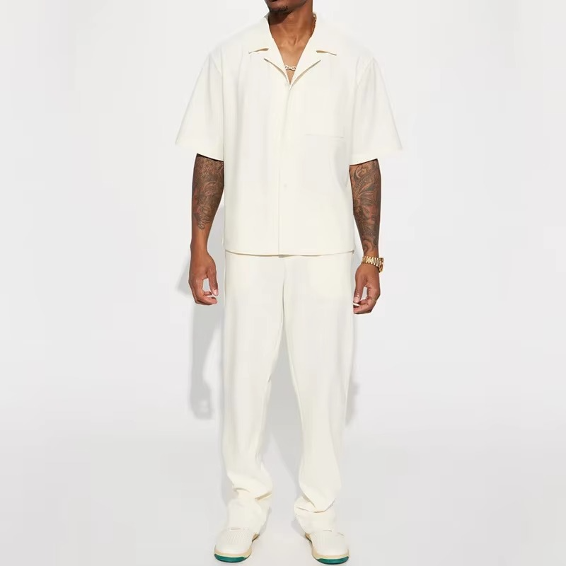 Ensemble Deux Pièces Solide Décontracté Streetwear Pour Homme Chemise À Manches Courtes Avec Pantalon Coordonné