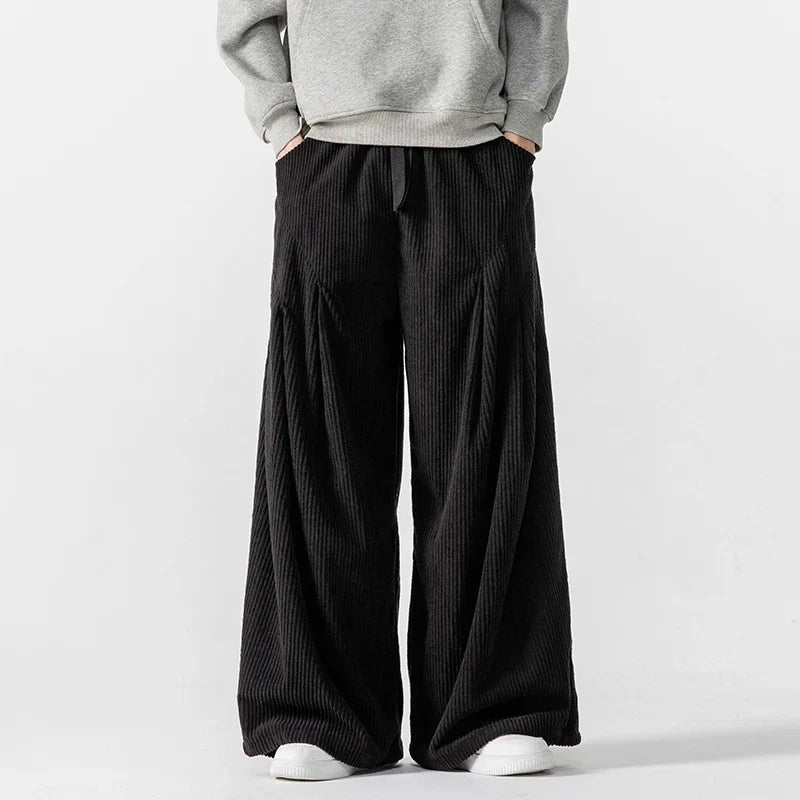 Pantalon Hakama En Velours Côtelé Large Avec Plis Et Silhouette Oversized À Taille Élastique