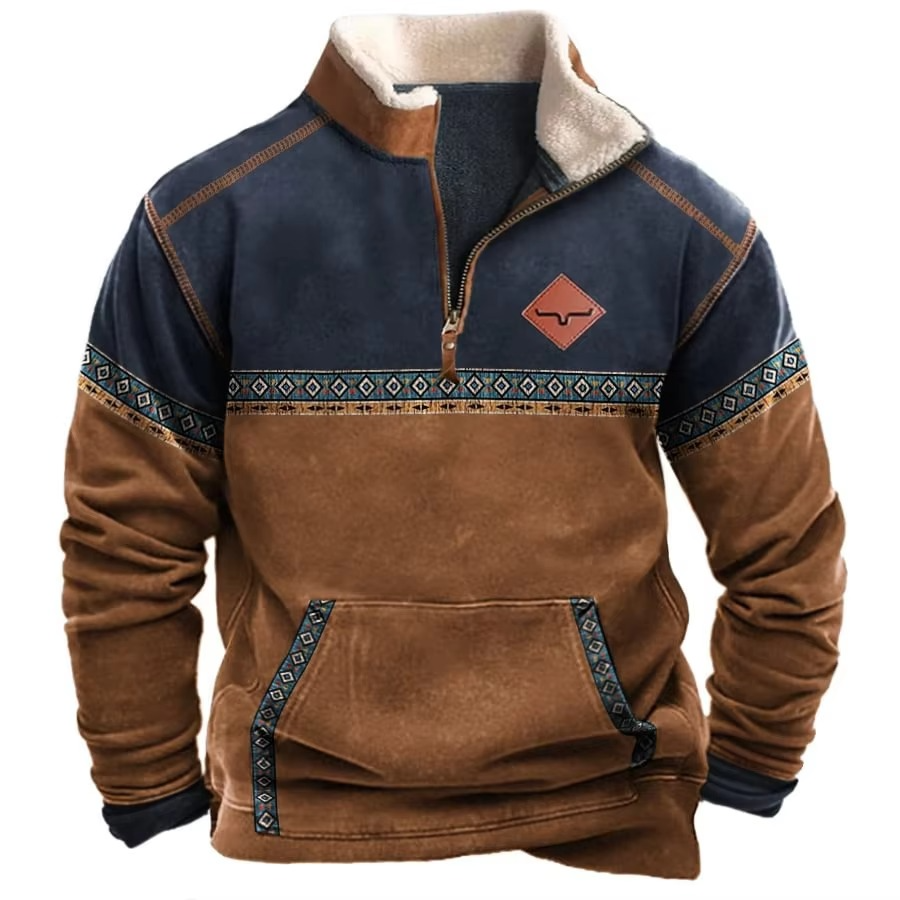 Veste à Capuche Rétro Imprimée 3D pour Hommes avec Col en Cuir et Fermeture Éclair pour Temps Froids