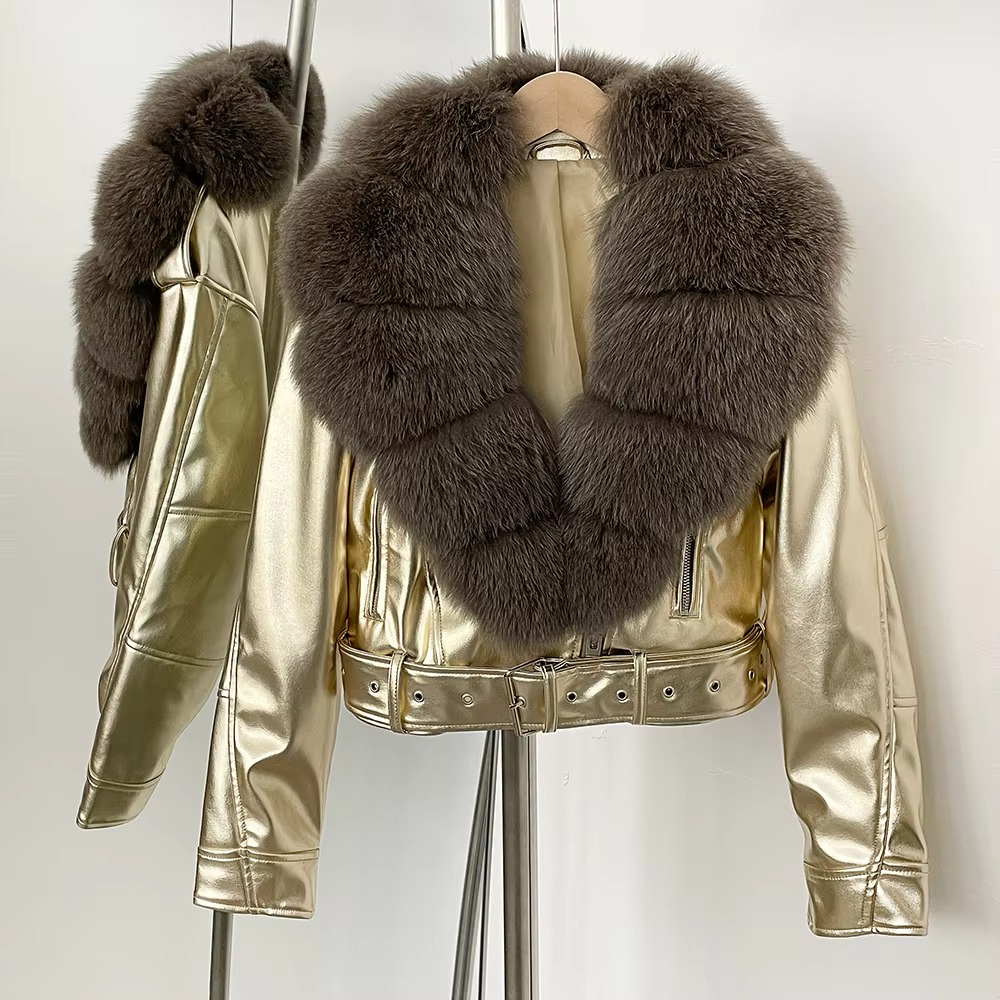 Manteau Femme en Cuir Synthétique avec Col en Fourrure Fausse Élégante Chaleur pour la Saison Froide