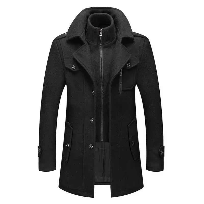 Manteau Trench Homme Mi Long En Laine Mélangée Avec Col Double Et Fermeture Éclair Sous Patte Pour Automne Hiver