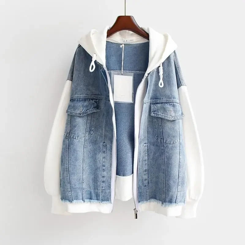 Mila Sweat À Capuche Denim Vintage 2 en 1 Avec Panneaux Verticaux Coupe Oversize et Ourlet Brut Légèrement Usé