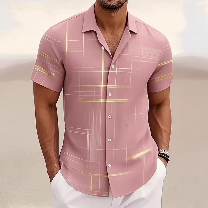 Chemise Homme Manches Courtes À Carreaux Géométriques 3D Boutonnée Pour Style Décontracté Moderne Amawinc