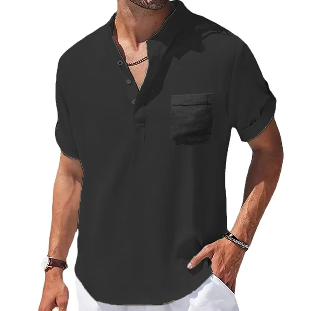 Chemise Henley Homme Été En Coton Lin Manches Courtes Décontractée Respirante Légère Marine