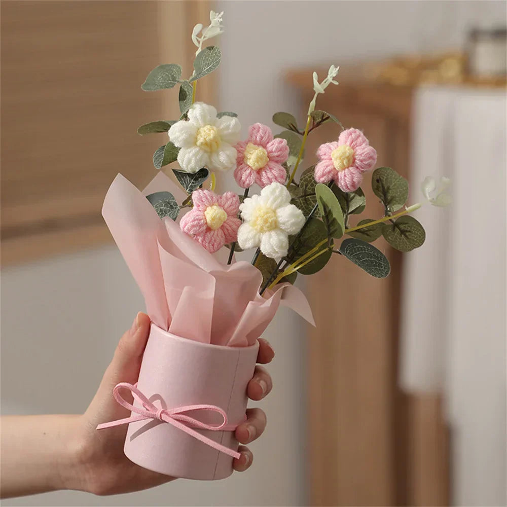 Bouquet De Fleurs Tricotées Velmora Fait Main Déco Cadeau Texture Ultra Douce Et Pelucheux