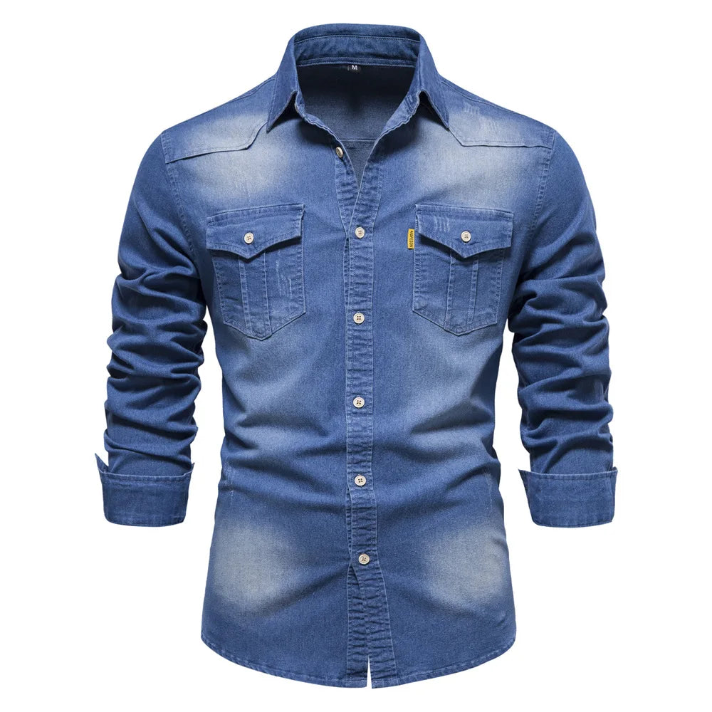 Amawinc Henry Chemise Homme en Denim Boutons Devant Style Décontracté Polyvalente Confort Durable Tailles S à 5XL