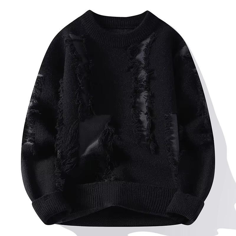 Pull Homme Maille Patchwork Usé Col Ras Du Cou Coupe Ample Confortable Amawinc Automne Casual