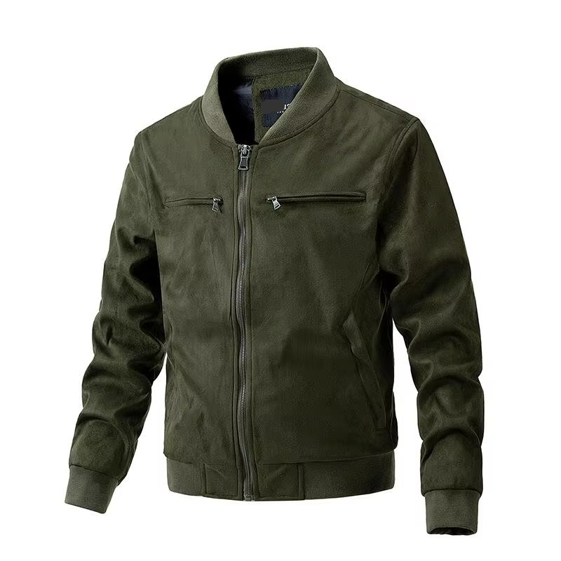 Veste Homme en Daim Automne Hiver avec Col Montant et Fermeture Éclair Frontale Doublure Légère en Coton