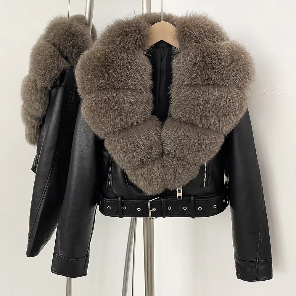 Manteau Femme en Cuir Synthétique avec Col en Fourrure Fausse Élégante Chaleur pour la Saison Froide