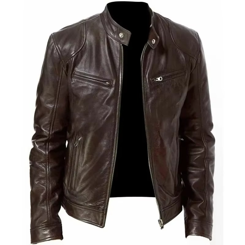 Veste Cuir PU Slim Fit Pour Homme Avec Col Debout Résistante Au Vent Style Moto Et Ville