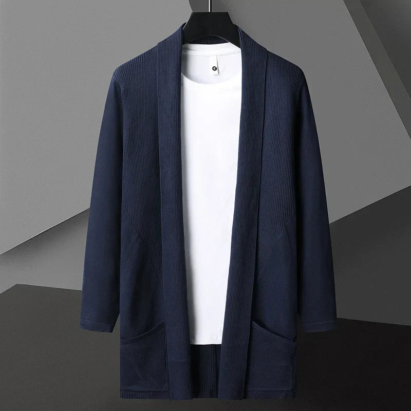 Hollen Cardigan Homme Léger Long Drapé Ouvert Devant Mélange Coton Lin Fini Mat Avec Poches Cachées