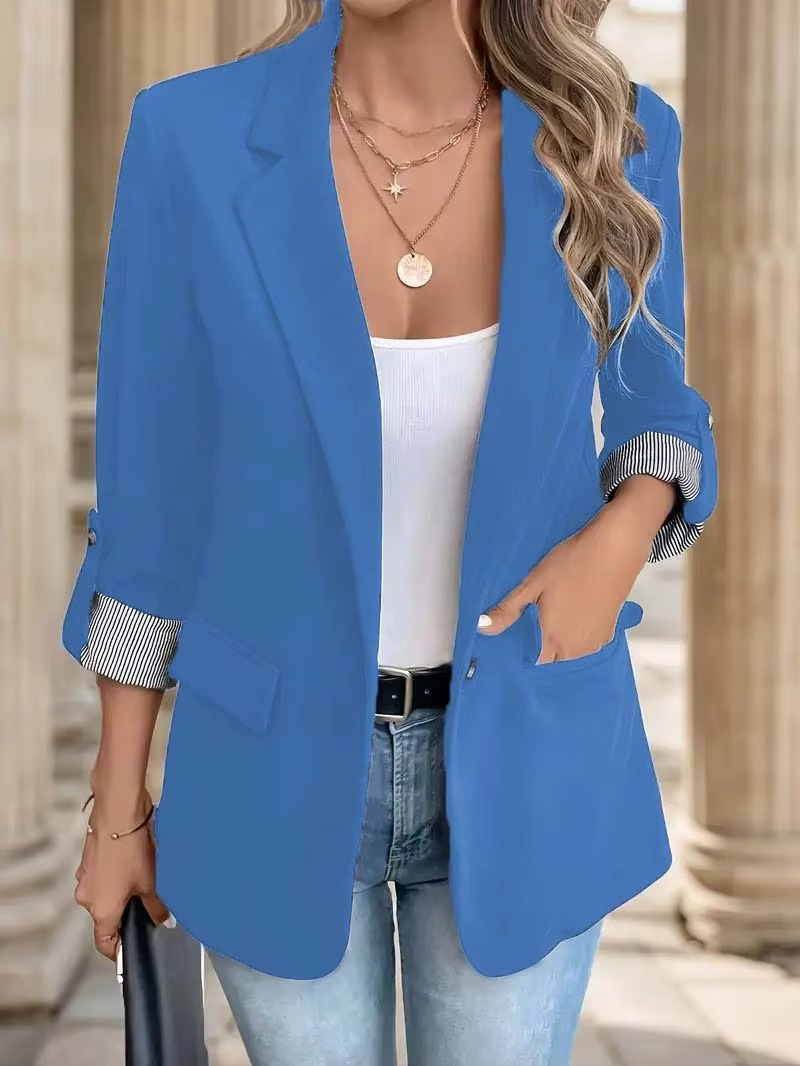 Blazer Décontracté Cintré Pour Femmes À Manches Roulées Et Devant Boutonné Pour Style Quotidien