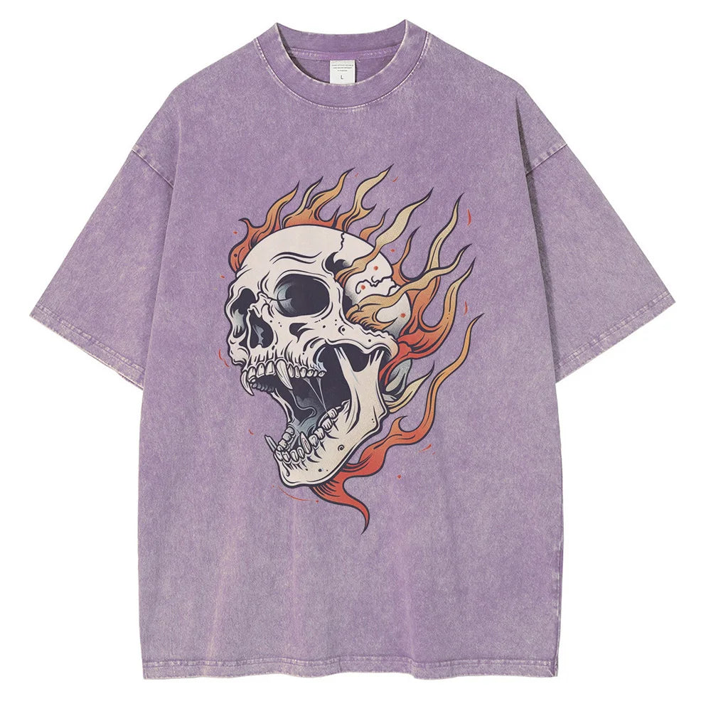 Amawinc Tee Shirt Crâne Enflammé Acid Wash Oversize Poids Lourds Graphique Flamme En Coton 100 Pourcent