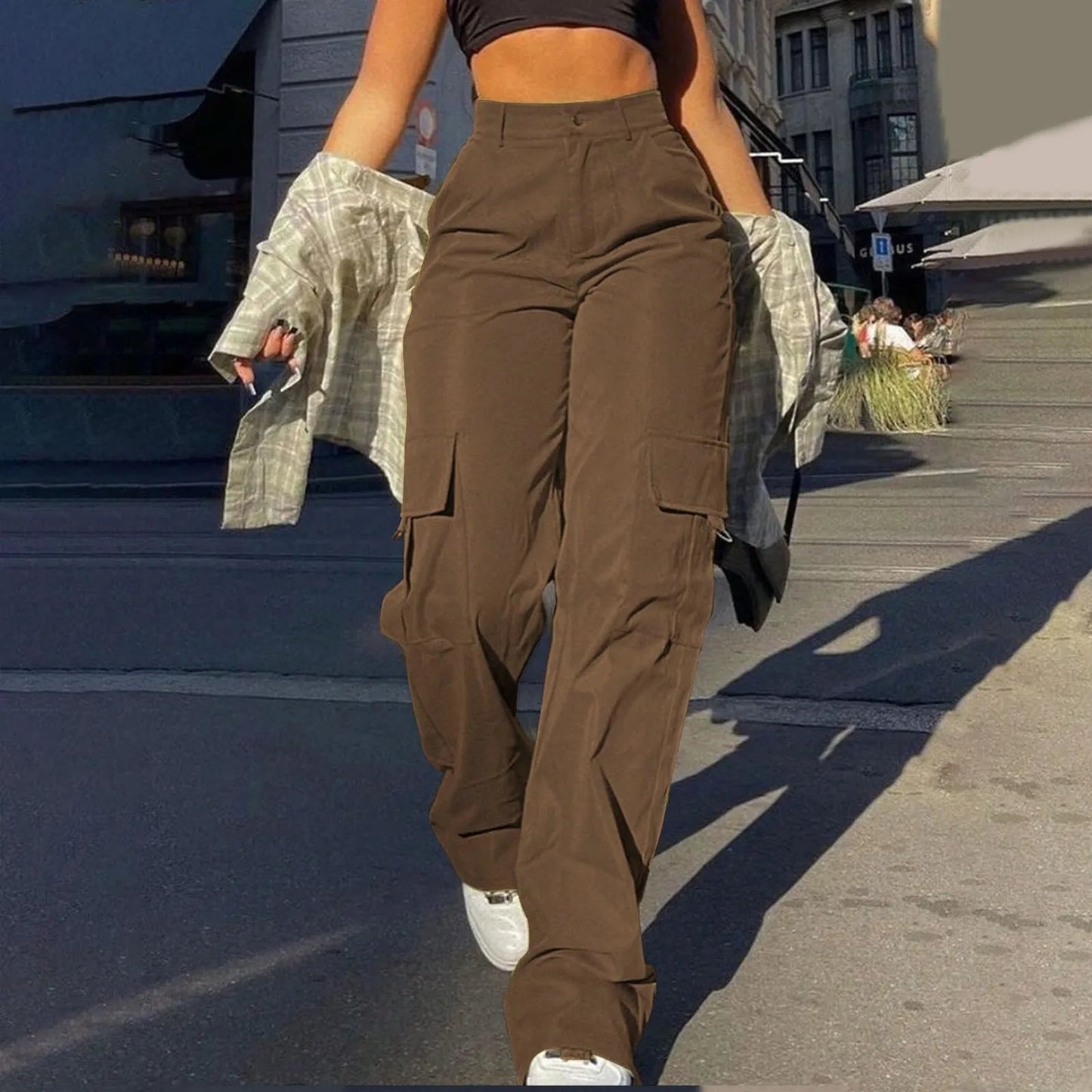 Kate Pantalon Cargo Femme Taille Haute À Jambe Évasée Avec Poches Cargo Pratiques