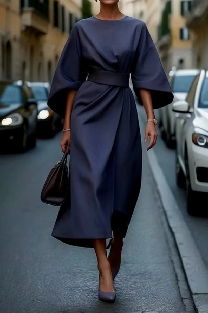 Robe Élégante Couleur Unie À Manches Chauve Souris Avec Taille Cintrée Du Bureau Au Dîner Amawinc