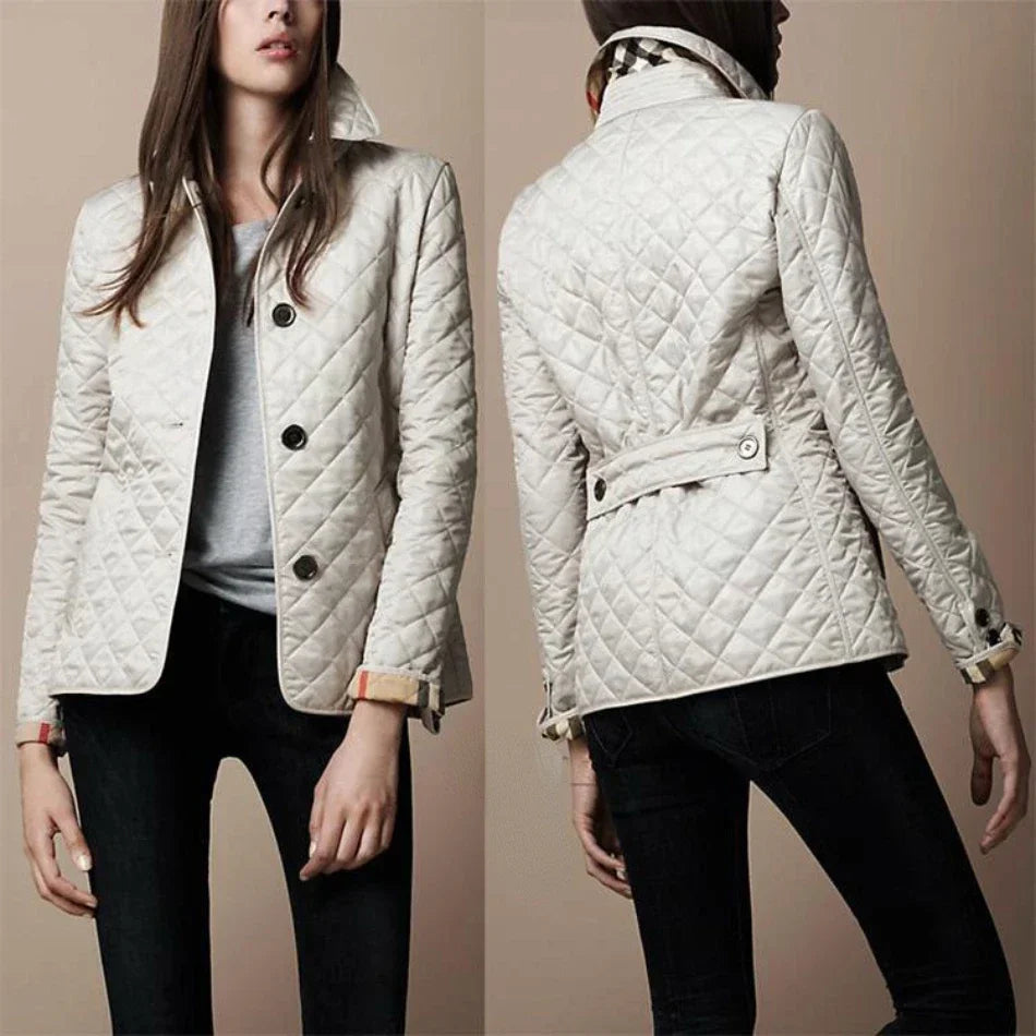 Veste Matelassée En Coton Pour Femme Motif Diamant Coupe Slim Boutons Classiques Détails Contrastés Aux Manches Amawinc