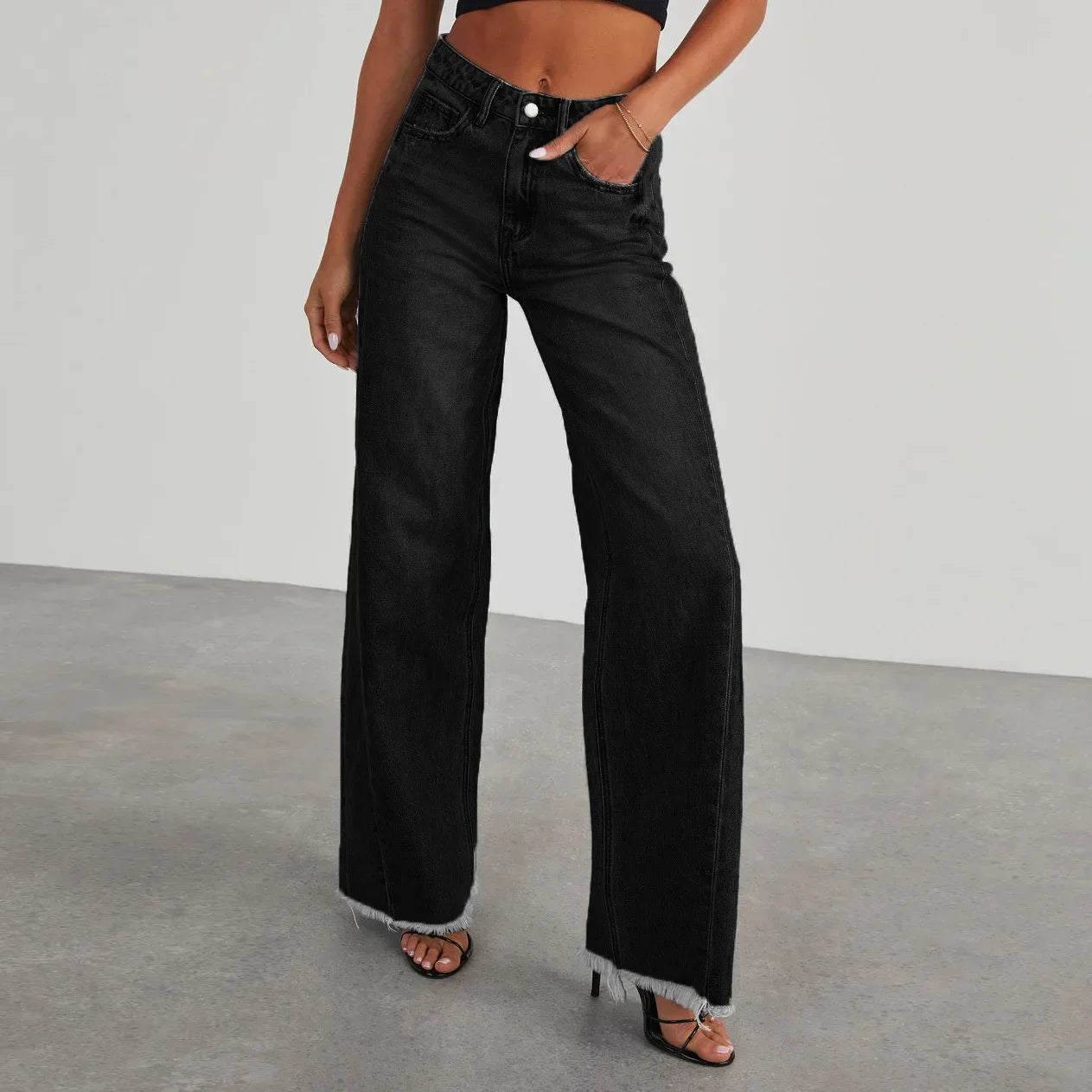 Madison Jean Femme Large Jambe Évasée À Taille Élevée En Denim Soft Wash Avec Ourlet Frangé