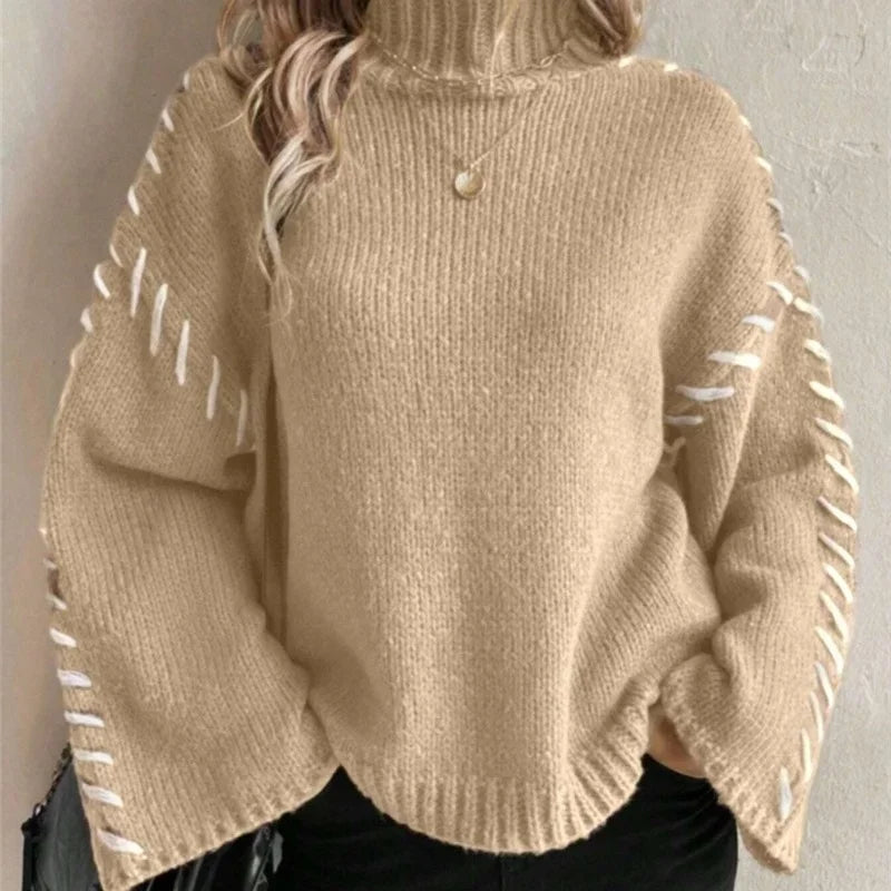 Pull En Maille Carmine Col Montant Confort Décontracté Avec Couture Contrastée Sur Les Manches
