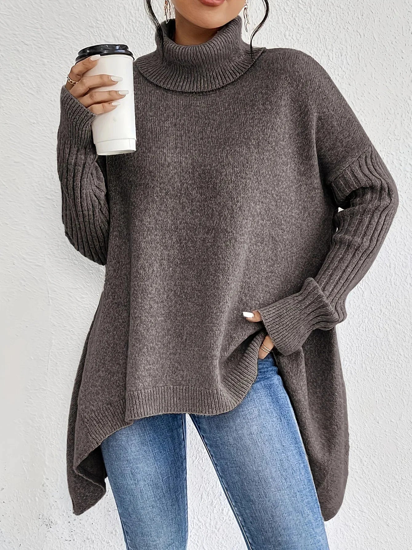 Pull Décontracté Col Roulé Ample Avec Ourlet Asymétrique Pour Femme Confort Douillet Et Élégant