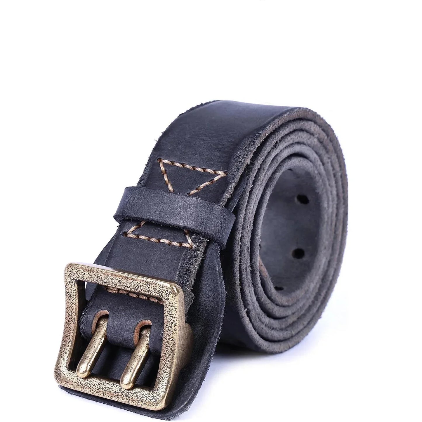 Ceinture Cuir Véritable Bravur Italie Plein Grain Boucle Cuivre Double Ardillon Bordée À La Main