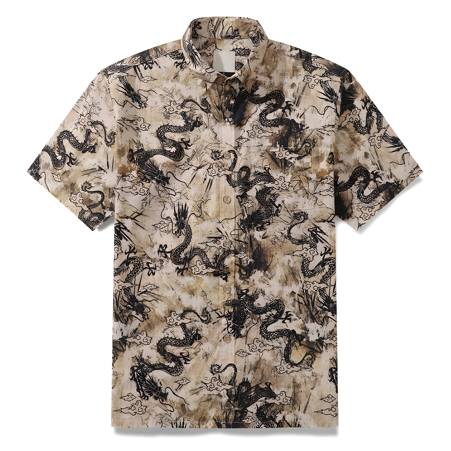 Chemise Imprimée Dragon Oriental En Coton Respirant Avec Col Revers Et Manches Courtes